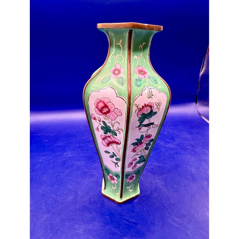 Vintage Chinese Canton Enamel on Copper Vase Butterfly1980s Hand Made in China